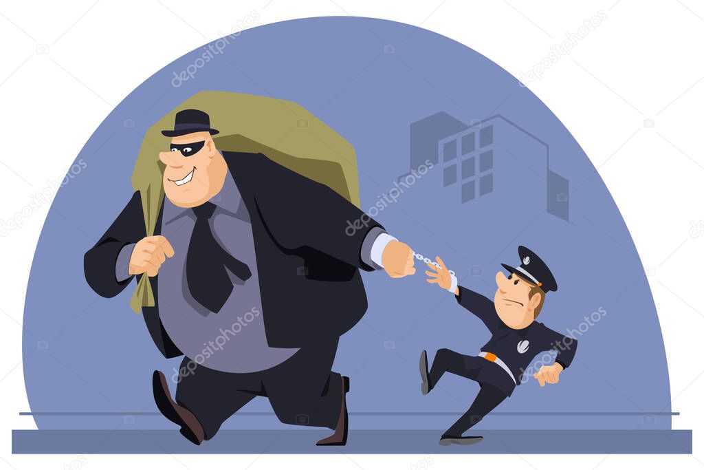 Robber with bag of loot. Policeman is trying to apprehend thief. Illustration concept for mobile website and internet development.