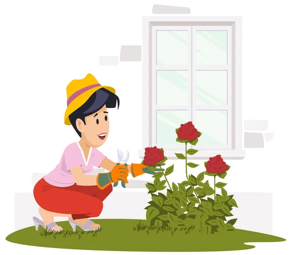Girl Caring Roses Garden Illustration Concept Mobile Website Internet Development —  Vetores de Stock