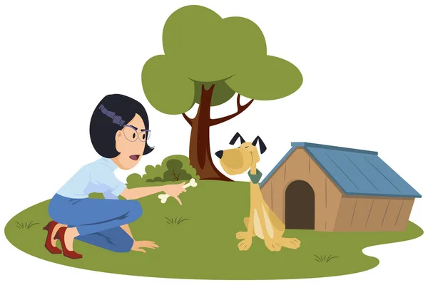 Girl Feeds Dog People Animals Illustration Concept Mobile Website Internet — 图库矢量图片