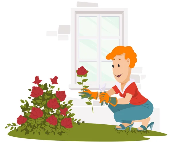 Girl Caring Roses Garden Illustration Concept Mobile Website Internet Development — Image vectorielle