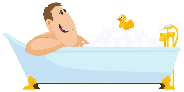 Zabawny Człowiek Myje Się Wannie Mężczyzna Bierze Relaksującą Kąpiel Pianką — Wektor stockowy