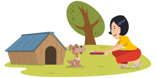 Girl Feeds Dog People Animals Illustration Concept Mobile Website Internet — стоковый вектор