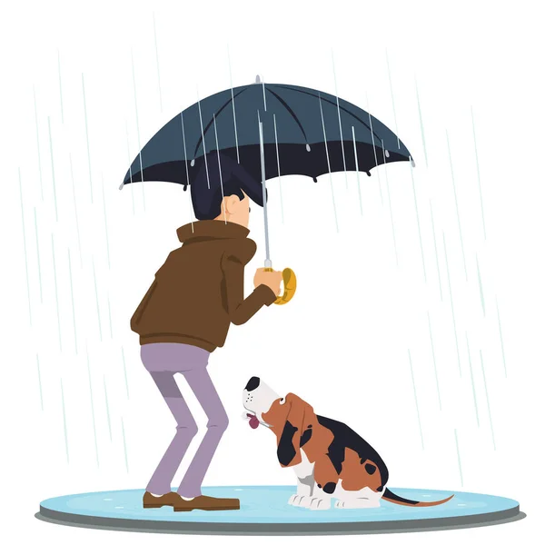 Homem Com Cão Esconde Chuva Debaixo Guarda Chuva Pessoas Animais —  Vetores de Stock