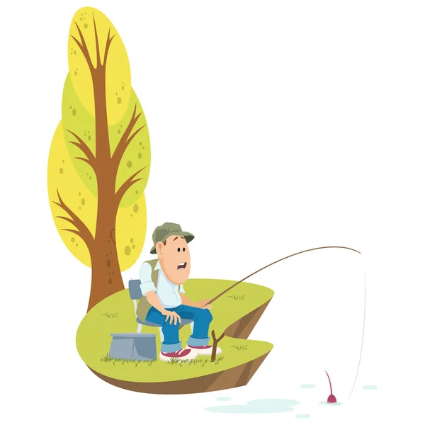 Hombre Pescando Pescador Orilla Del Río Concepto Ilustración Para Desarrollo — Vector de stock