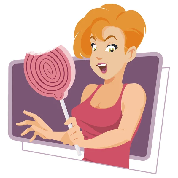 Funny Girl Huge Candy Illustration Concept Mobile Website Internet Development —  Vetores de Stock