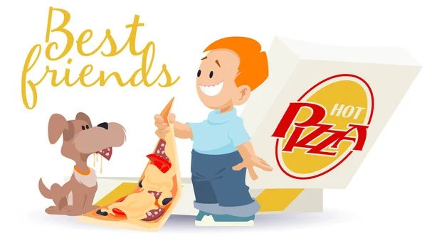 Jongen Hond Eten Pizza Gelukkig Kind Puppy Beste Vrienden Illustratieconcept Stockillustratie