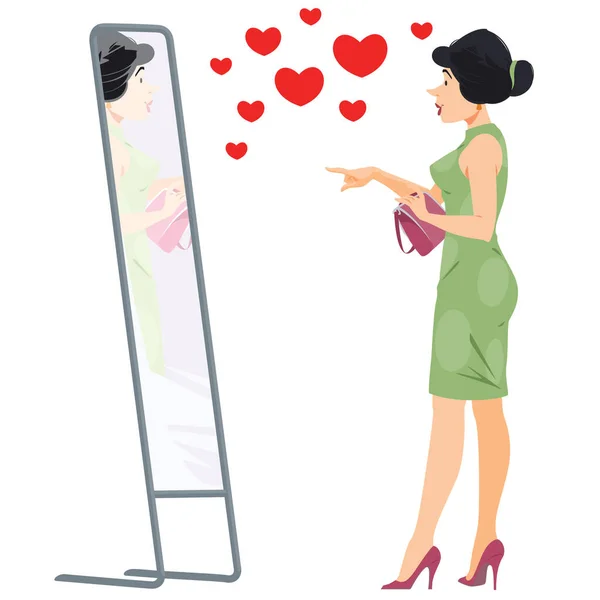 自恋的女性角色看着镜子 有趣的人 网站和移动网站开发的说明性概念 — 图库矢量图片