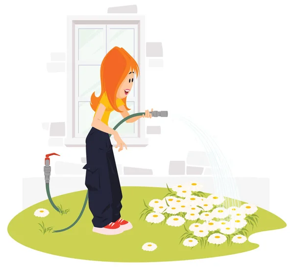 Κορίτσι Που Ποτίζει Λουλούδια Κοντά Στο Σπίτι Αστείοι Άνθρωποι Εικονογράφηση — Διανυσματικό Αρχείο
