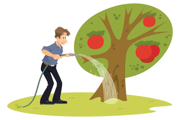 Hombre Regando Árboles Jardín Con Manguera Gente Graciosa Concepto Ilustración — Archivo Imágenes Vectoriales