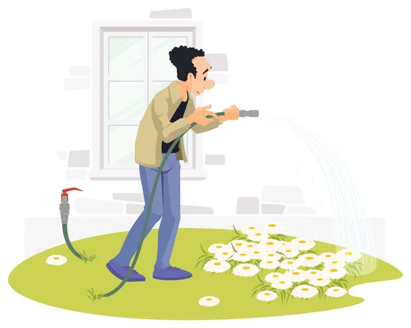 Homem Regando Flores Perto Casa Pessoas Engraçadas Conceito Ilustração Para Gráficos Vetores