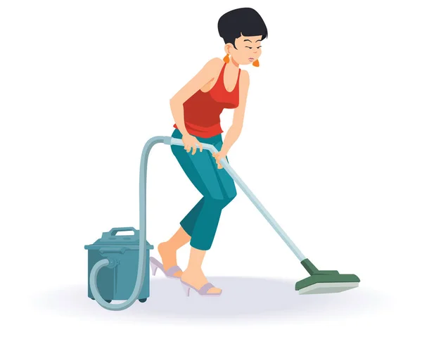 Menina Com Aspirador Faz Limpeza Uma Mulher Fazer Trabalhos Domésticos — Vetor de Stock