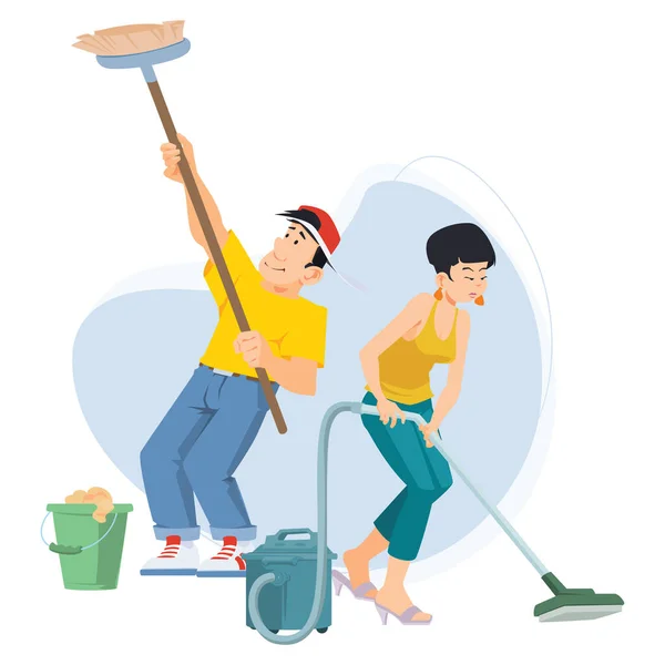 Couple Vacuum Cleaner Does Cleaning Woman Man Doing Housework Funny — Stock Vector