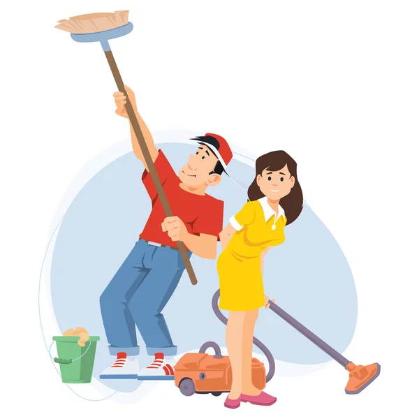 Couple Vacuum Cleaner Does Cleaning Woman Man Doing Housework Funny Royalty Free Stock Vectors