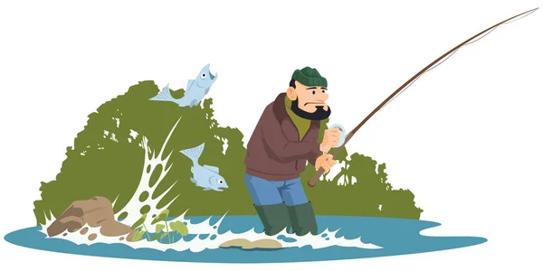 Pescador Com Cana Pesca Homem Margem Rio Pessoas Engraçadas Modelo —  Vetores de Stock