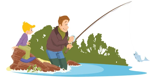 Pescador Con Caña Pescar Hombre Orilla Del Río Gente Graciosa — Vector de stock