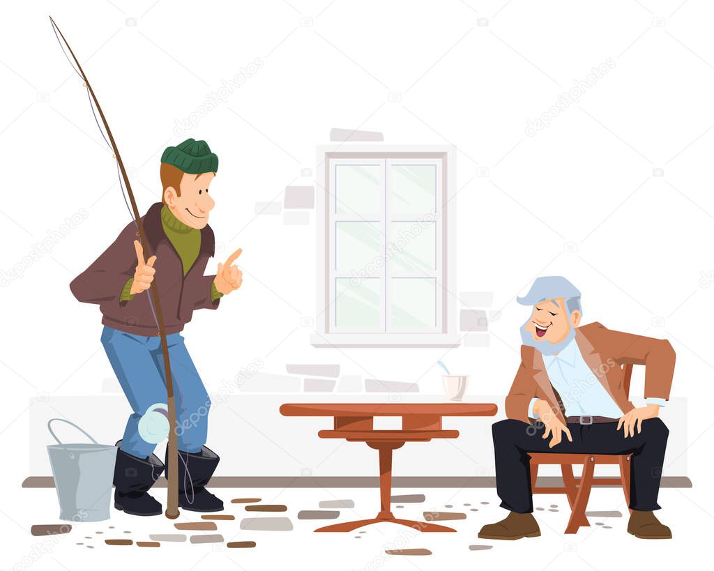 Man boasts of his catch. Male shows a friend size of fish he has caught. Funny people. Illustration concept template for website, web landing page, banner, presentation, social, poster, promotion or print media.