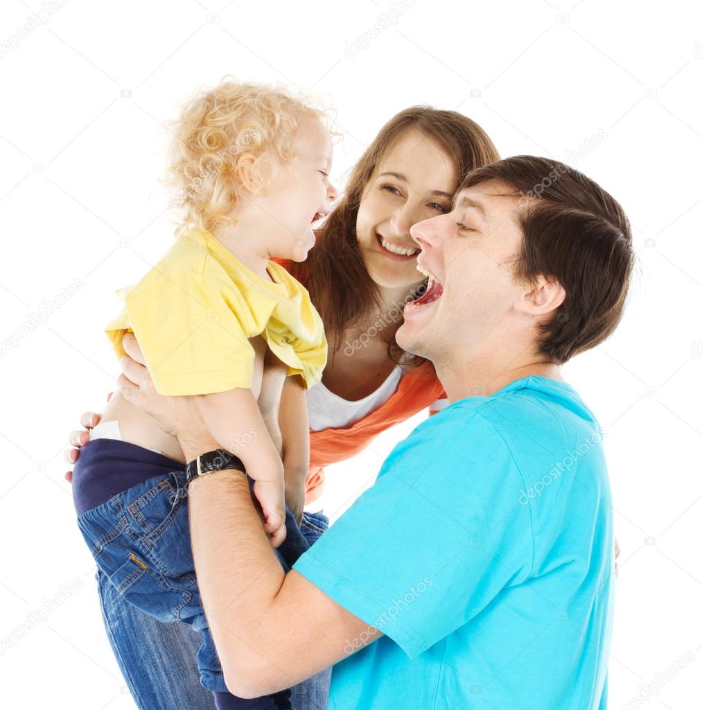 Happy family playing with child raising him up