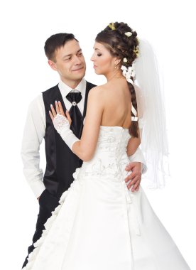 güzel gelin ve damat beyaz arka plan ayakta. Düğün