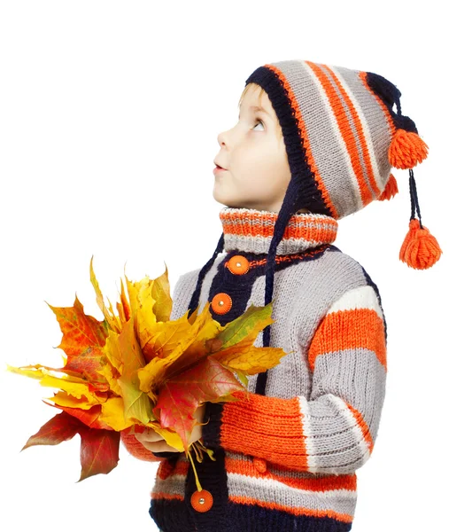 Happy child in woolen clothes holding yellow maple leaves — Stock Photo, Image