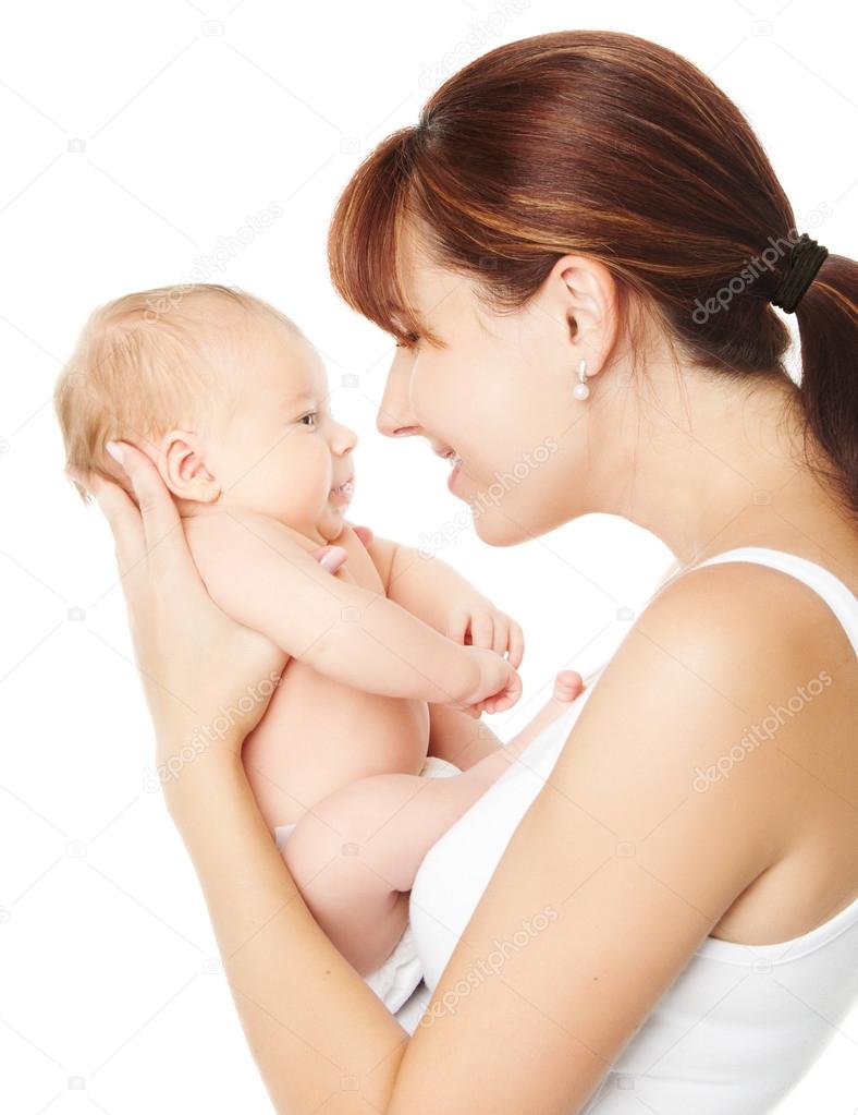 Mother holding newborn baby over white background, New born