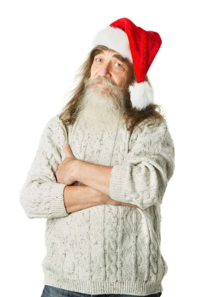 Hombre viejo de Navidad con barba en sombrero rojo, Santa Claus —  Fotos de Stock