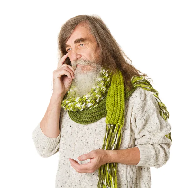 Thinking Senior old man. Long hair, mustache, beard — Stock Photo, Image