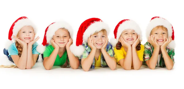 Christmas Kids in Hat, Group of Children Santa Helpers, White Background, five persons