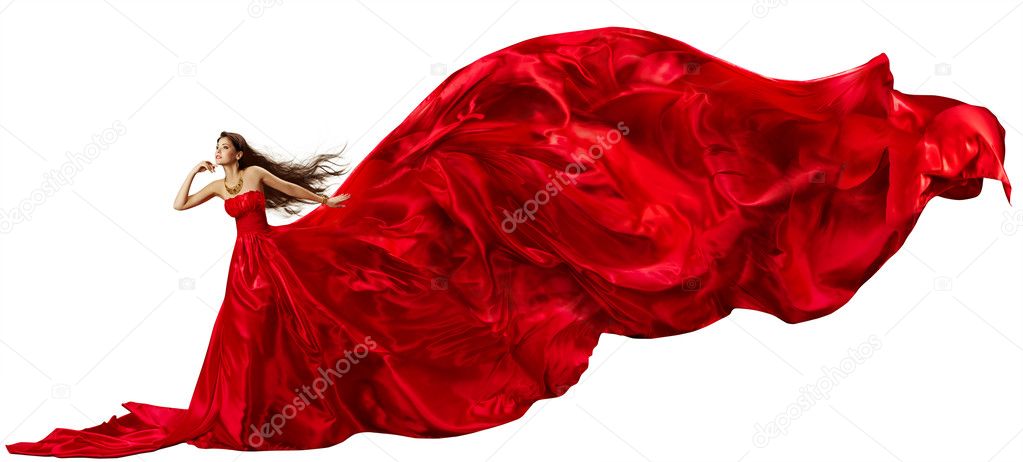 Woman in Red Dress with Flying Fabric, Silk Cloth Waving and Fluttering ...