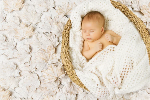 Νεογέννητο μωρό που κοιμάται στο καλάθι της τέχνης στα λευκά φύλλα — Φωτογραφία Αρχείου