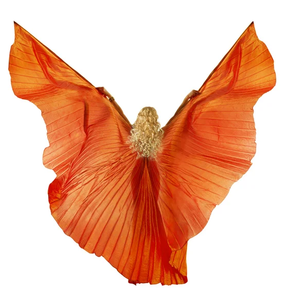 Vrouw in buikdans stof jurk als vleugels. achterzijde zicht. witte achtergrond — Stockfoto
