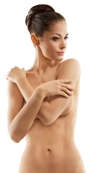 裸体女人美丽、 完美的身材和乳腺癌。白色背景 — 图库照片