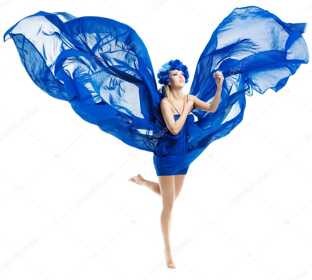 Woman in blue dress wings, waving fluttering fabric