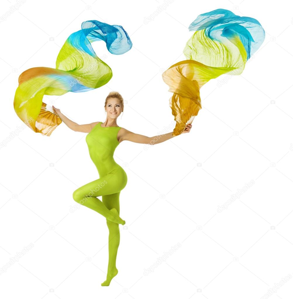 Woman dancing with flying colorful fabric, white background