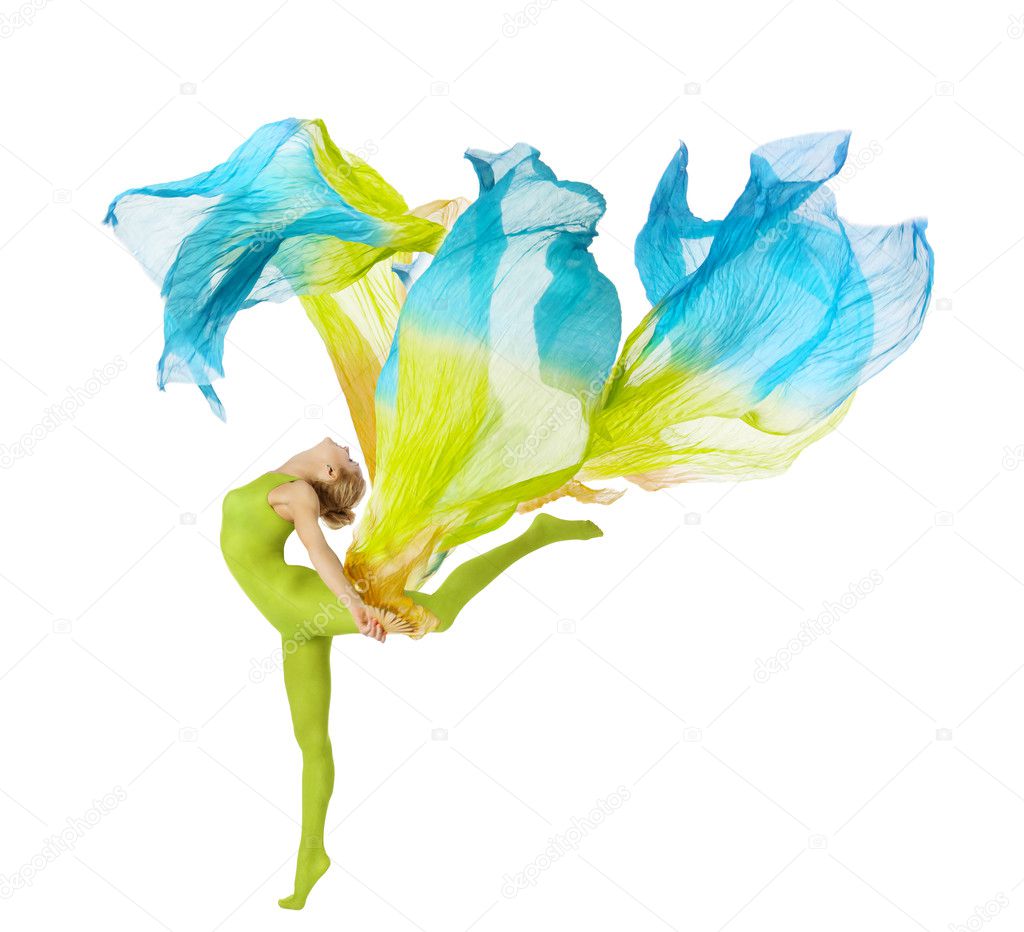 Sport woman dancing with flying fluttering fabric over white background
