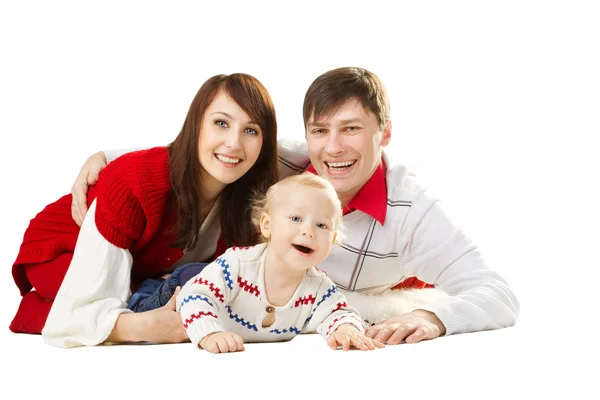 Família feliz, pai sorridente mãe e bebê rindo — Fotografia de Stock