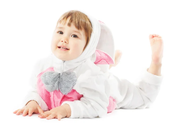 Bebé en traje de conejo de Pascua, niña como liebre de conejo — Foto de Stock