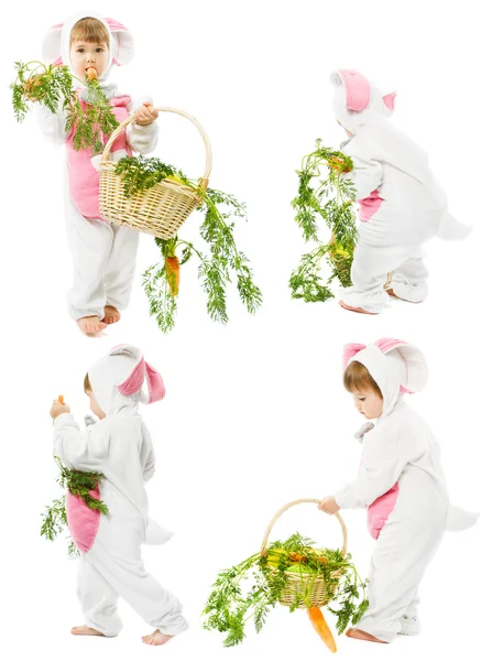 Bebé en traje de conejo de Pascua con cesta de zanahoria, niña conejo liebre —  Fotos de Stock