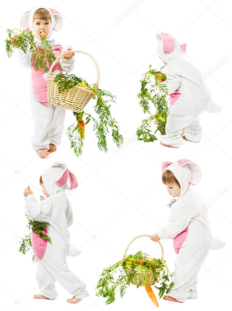 Baby in easter bunny costume with carrot basket, kid girl rabbit hare