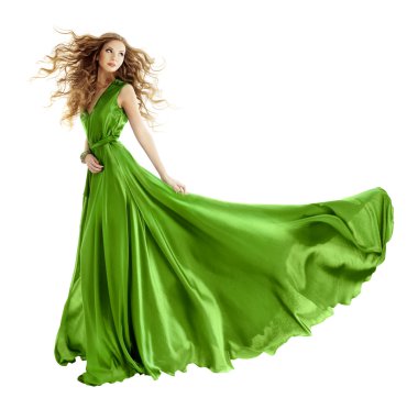Woman in beauty fashion green gown, long evening dress