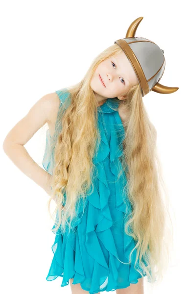 Girl viking horned helmet with long blonde hair, kid in toy costume hat, isolated white background — Stock Photo, Image