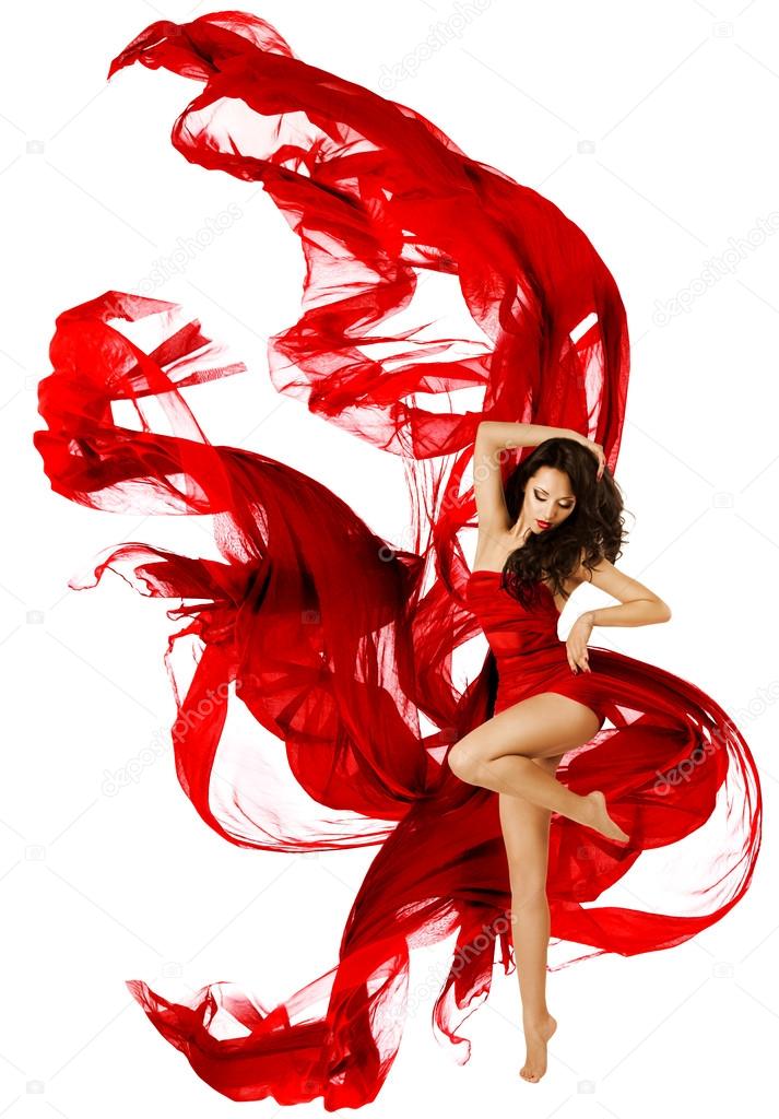 Woman dancing in red dress, fashion model dance whit waving fluttering fabric