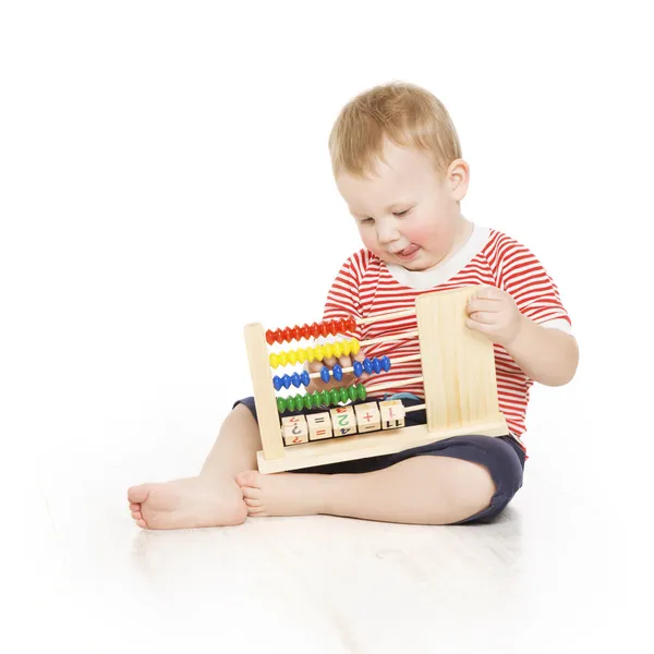 Boy child with abacus clock counting, smart little kid study lesson, education development — Stock Photo, Image