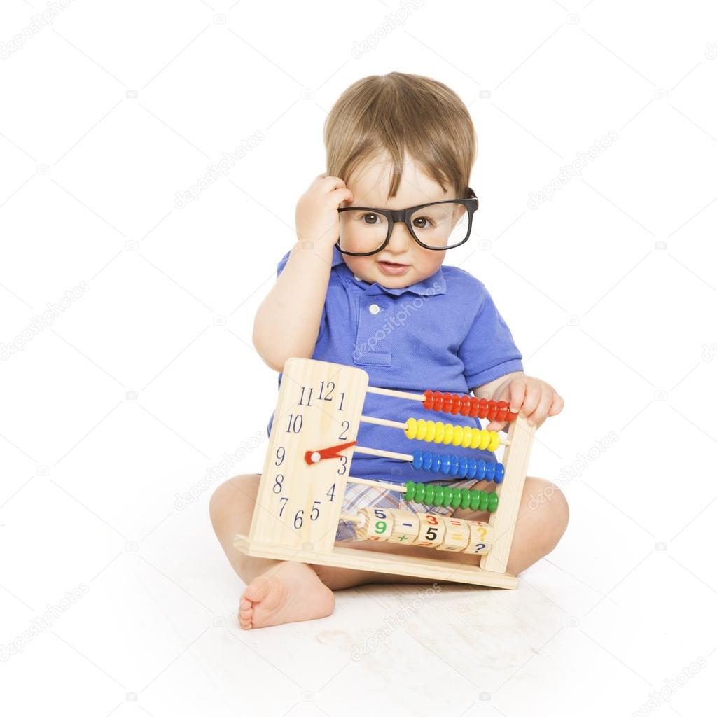 Boy child with abacus clock in glasses counting, smart little kid study lesson, education concept