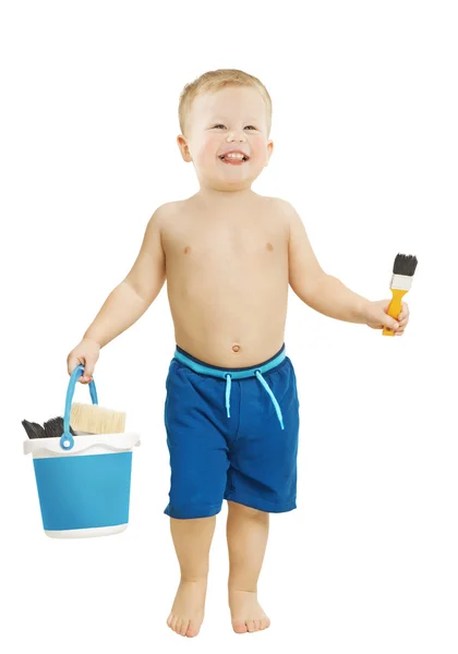 Happy child boy painting with brush bucket, child creativity concept. Isolated over white background — Stock Photo, Image