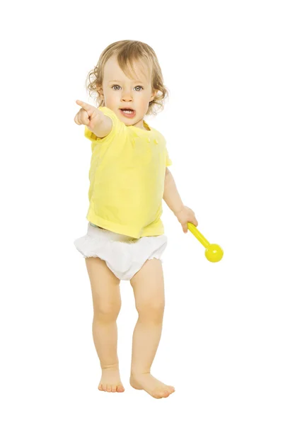 Kind meisje wijzende vinger hand naar voren. Kid geïsoleerd op witte achtergrond — Stockfoto