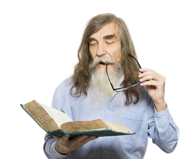 Senior reading book. Old man education, elder with beard isolated white background — Stock Photo, Image