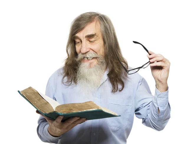 Senior reading book. Old man education, elder with beard isolated white background — Stock Photo, Image