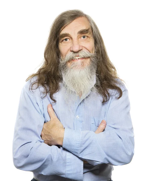 Senior heureux sourire. Vieil homme longue barbe aux cheveux gris, aîné isolé fond blanc — Photo