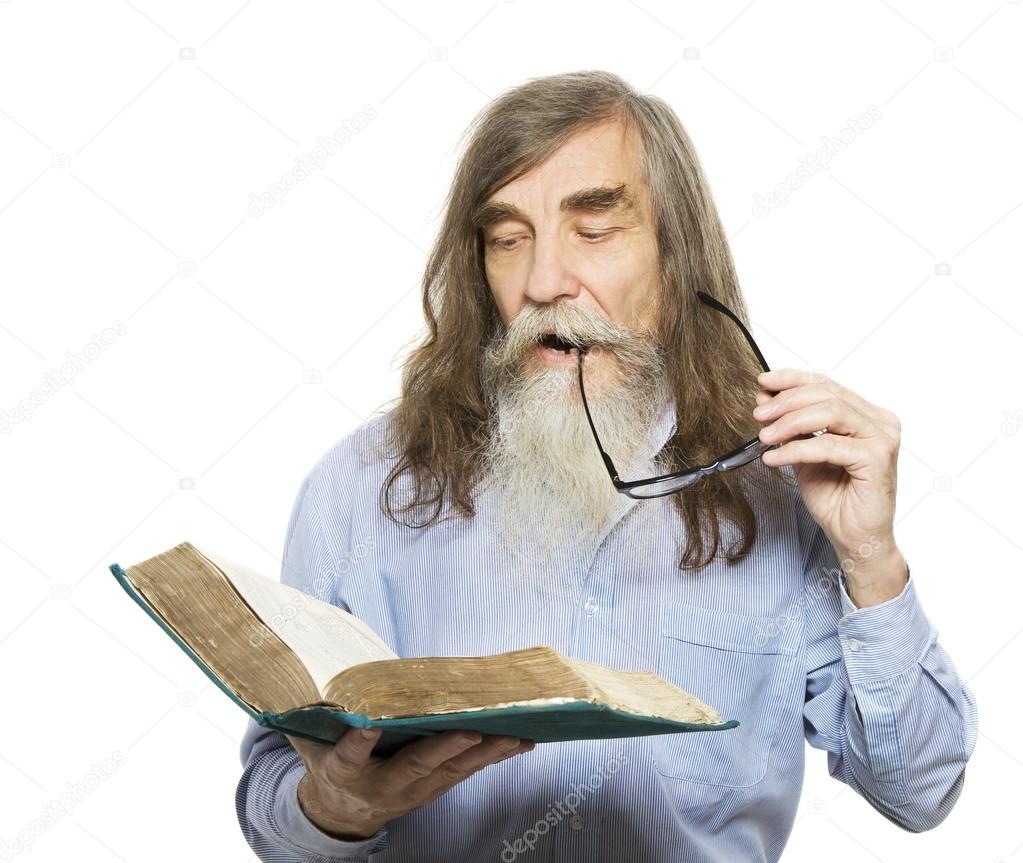Senior reading book. Old man education, elder with beard isolated white background