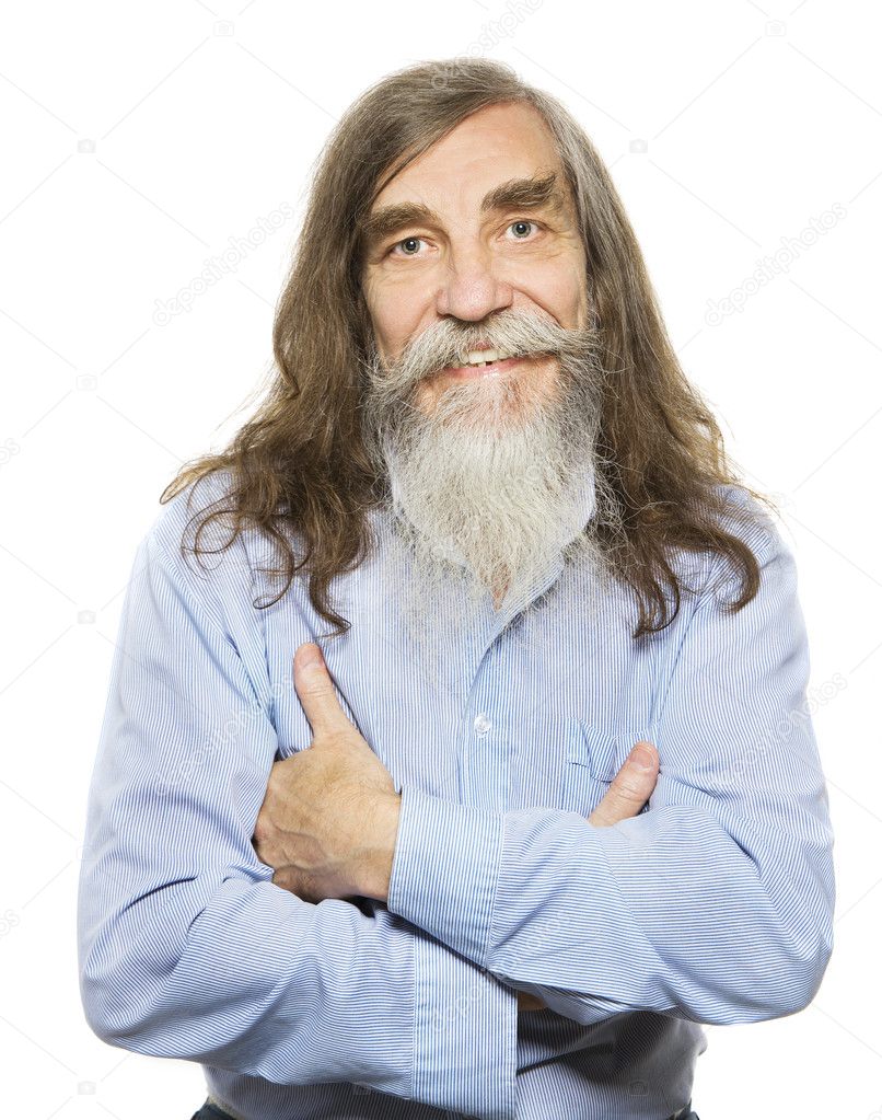 Senior happy smiling. Old man long gray hair beard, elder isolated white background